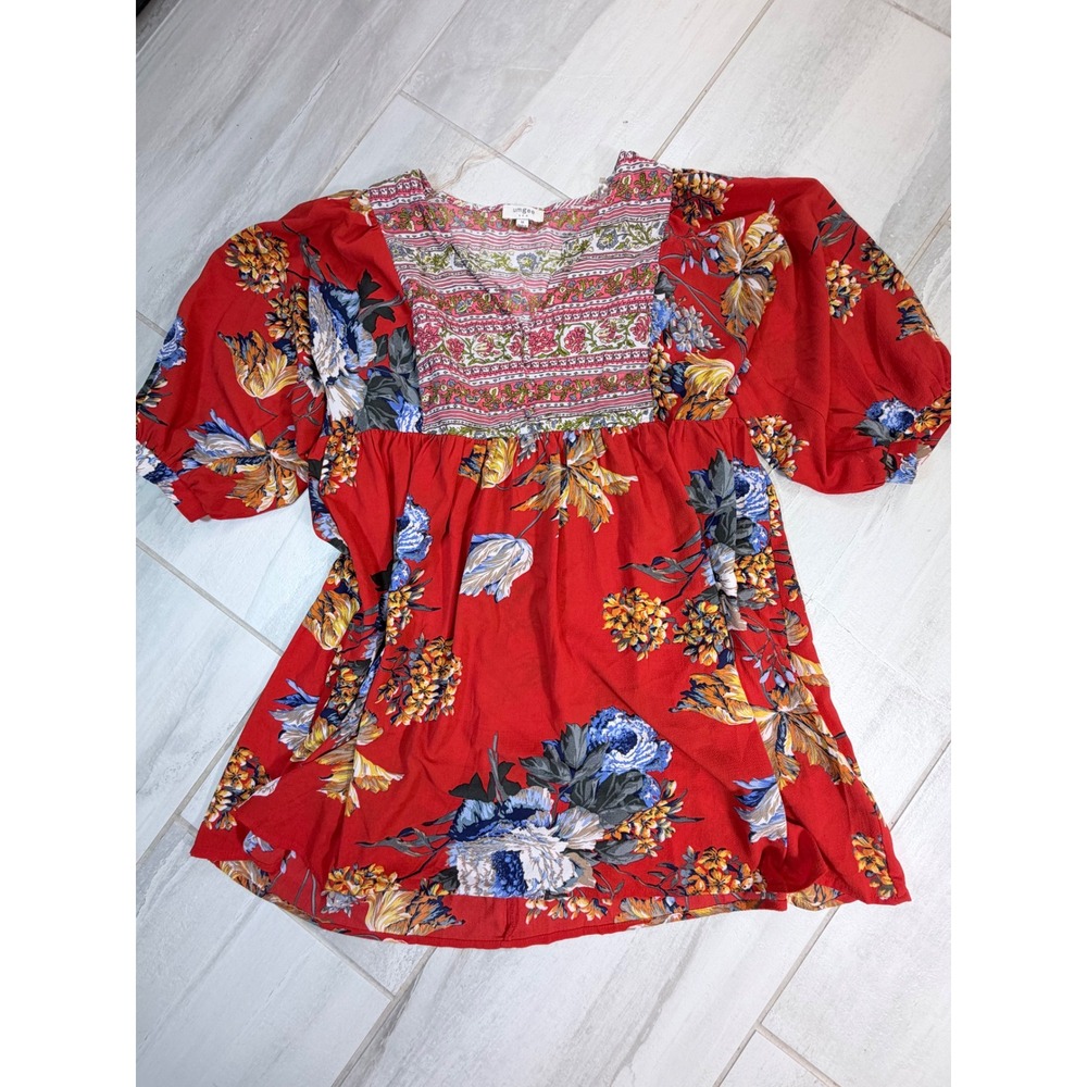 Umgee USA Red Floral Babydoll Tunic Top Puff Sleeve V-Neck G2262 Medium